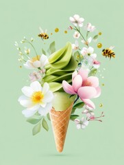 Pistachio matcha ice cream surrounded by flowers and bees. Fresh, sweet and natural dessert composition.