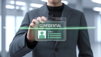 Confidential Security: An individual in a sharp suit displays a "Confidential" badge, symbolizing security, access control, and restricted information, set against a futuristic digital backdrop.