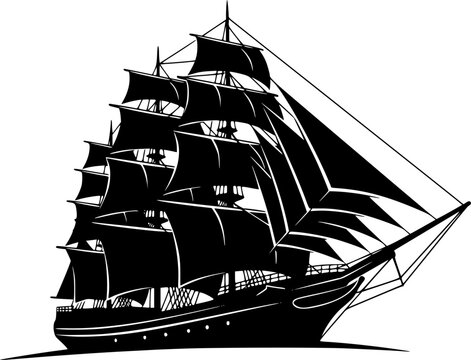 sailing ship silhouette, black and white silhouette, vector and illustration
