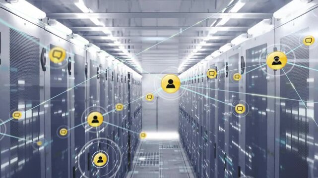 Appearing glowing yellow user node sending blue lines and chat bubbles showing network expansion