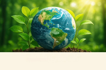 Earth Day Banner with Globe and Green Foliage Background