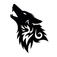 Striking Black Silhouette of a Howling Wolf Head with Tribal Elements on a Clean White Background for Versatile Design Applications