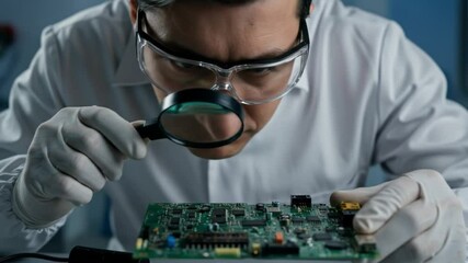 Technician examining circuit board with magnifying glass for electronics repair analysis research - Powered by Adobe