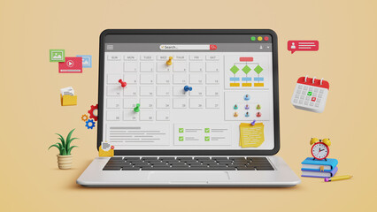 Manage tasks and deadlines, productivity and time management concept. Digital task planner software, project tracking, calendar scheduling, reminders. Task dashboard on laptop. 3D illustration