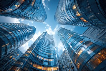Low angle view reveals gleaming skyscrapers against a cloudy sky in the city