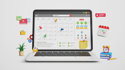 Organize schedules and projects, schedule planning management concept. Digital schedule calendar software, work time management, meetings, appointments. Calendar dashboard on laptop. 3D illustration