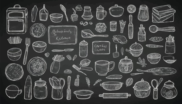 Chalkboard Kitchenware Illustration Grid with Cooking Containers and Utensils – Editorial Culinary Video Thumbnail