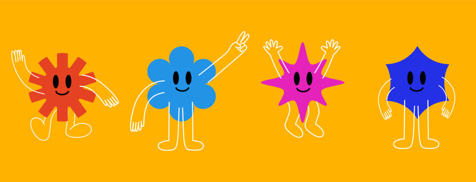 Naklejki Set of funny abstract animated characters, elements for advertising, branding, posters and banners, fun cartoon illustrations with smiling characters and mascots, abstract stickers and line icons