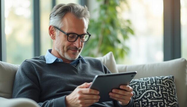 Thoughtful man enjoying a tablet in a cozy living room - Powered by Adobe