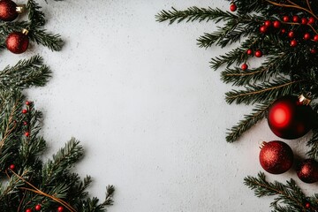 Fototapeta premium Holiday Decorations Featuring Pine Branches and Ornaments on a Light Background