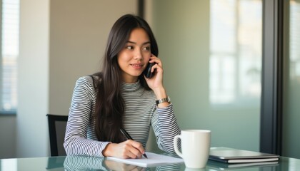 Young woman engaged in a phone conversation while taking notes