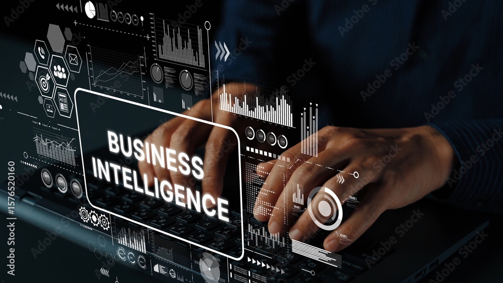 Poster business intelligence concept with hands typing on laptop surrounded by data visualization and analy