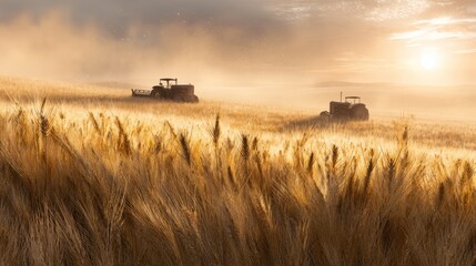 Fototapeta premium Agricultural machinery harvesting wheat during golden sunrise, creating misty landscape with golden field and dramatic morning light