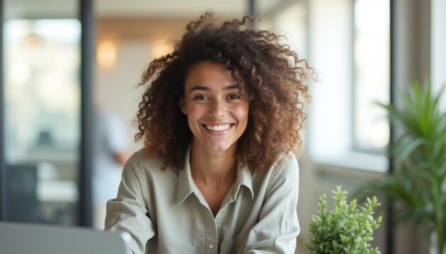 Cheerful woman with curly hair smiling at the camera