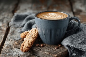 Cup of coffee and oatmeal cookies on wooden board in morning light creates a relaxing atmosphere