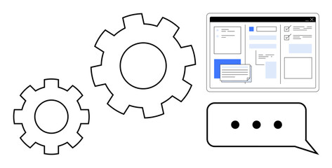 Two gears symbolizing process automation, a user interface representing tasks and dashboards, and a speech bubble for communication. Ideal for teamwork, system integration, productivity, project