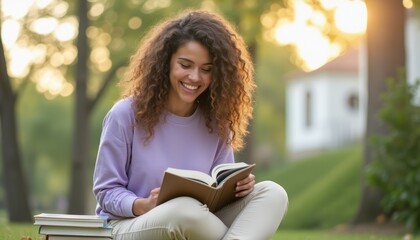 Joyful woman reading a book outdoors in soft sunlight