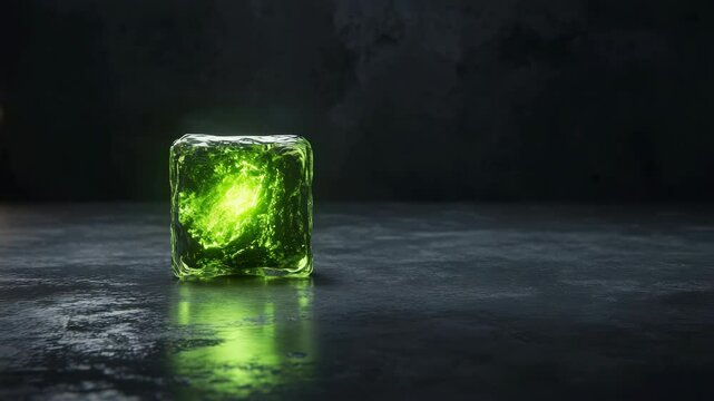 Luminous green crystal cube placed on a dark stone surface under dim lighting, showing a mysterious and sci-fi inspired atmosphere