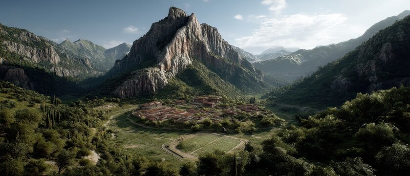 Ancient sparta military training grounds surrounded by mountains