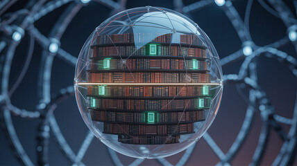 A Digital Library Sphere: An intricate sphere houses a digital library, the books arranged on shelves within a glass sphere, with glowing lights on each level.