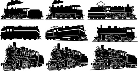Obraz premium Set of Locomotive train silhouette, black and white silhouette, vector and illustration 