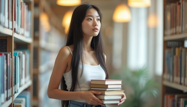 Thoughtful woman holding books in a cozy library