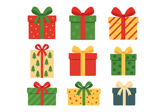 Christmas Gift Boxes Collection – Vector Holiday Present Set on White Background