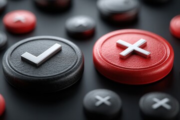 Black circle with golden check mark and red circle with white x symbol signifying approval and rejection