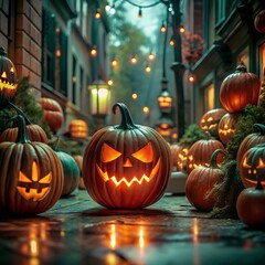 Carved orange pumpkins and spooky jack-o-lanterns are seasonal Halloween decorations on the street, fence, and roof