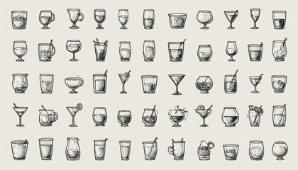Fototapeta premium Household Kitchenware Icons Including Bottles, Glasses, and Mugs