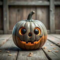 Spooky carved orange Halloween pumpkin jack-o-lantern with a smiling face on a wooden table for the autumn holiday