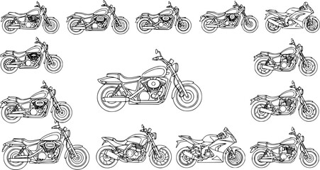 set of motorcycle line art, black outline, vector and illustration, line art and outline
