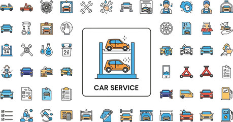 Illustration of car service icons showing various automotive services and repairs