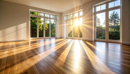 Sunbeams illuminate a spacious, modern room with hardwood floors and large windows