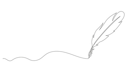 One line drawing of a bird feather or quill pen. Minimalist symbol of writing, poetry and literature. Elegant contour for logo, tattoo or stationery design. Editable stroke vector.