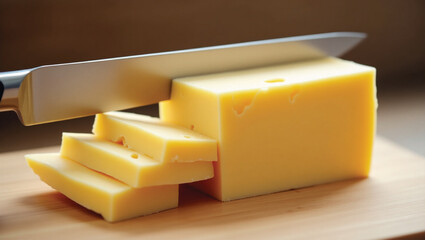 Hands with a knife cut the cheese into cubes, close-up