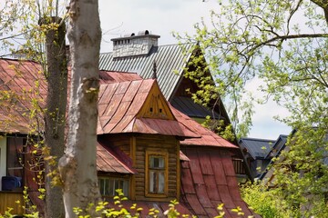 Rustic wooden house with red roof peeks through greenery; dormer window adds character, rural...