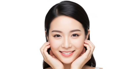 A beautiful asian woman is smiling and touching her face isolated on transparent background
