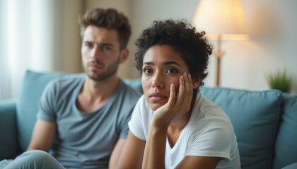 Couple in emotional conversation on a cozy couch
