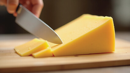 Hands with a knife cut the cheese into cubes, close-up