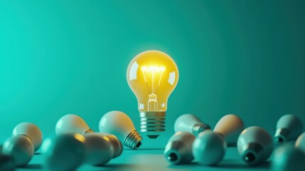 Creative concept image with one illuminated yellow light bulb standing upright among several lying unlit bulbs. The teal backdrop and composition highlight ideas of innovation, uniqueness,eadership. 
