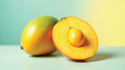 A whole, unripe green mango, alongside a half mango that has been diced into neat, vibrant yellow cubes, showcasing its sweet, ripe flesh. A single green leaf is also visible.