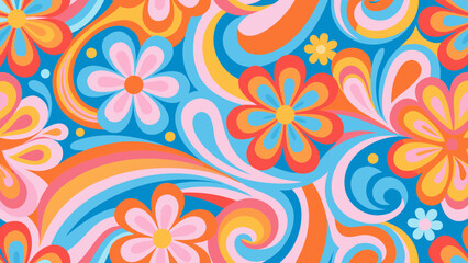 Naklejka premium Groovy Hippie 70s Backgrounds: Retro Psychedelic Vector Texture pattern, seamless, vector, wallpaper, flower, art, illustration