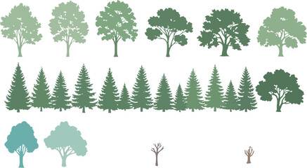Various tree silhouettes in different colors arranged in three horizontal rows