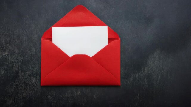 Open red envelope containing a blank white card, placed on a textured dark background, representing communication or invitation concept