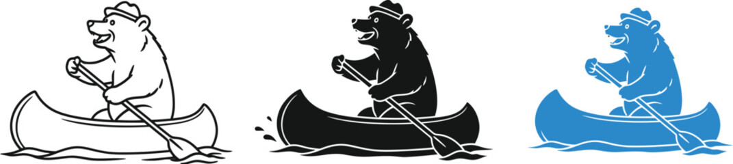 Three illustrations of a bear wearing a hat paddling a canoe on water waves