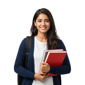 A smiling young indian student is holding books and wearing a backpack isolated on transparent background