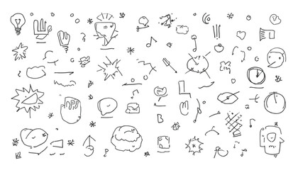Hand-drawn doodle pattern featuring clouds, lightbulbs, arrows, paper planes, and fun lifestyle symbols for stationery, school art, and creative design themes