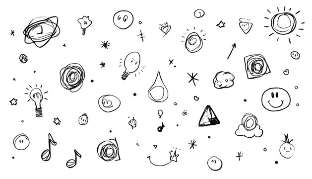 Scattered hand-drawn doodles featuring camera icons, lightbulbs, paper planes, and lifestyle symbols for illustration themes and notebook design packs
