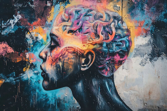 Vibrant abstract mural depicts a human head with a colorful, intricate brain structure painted in a profile view against a textured, graffiti-splattered background.